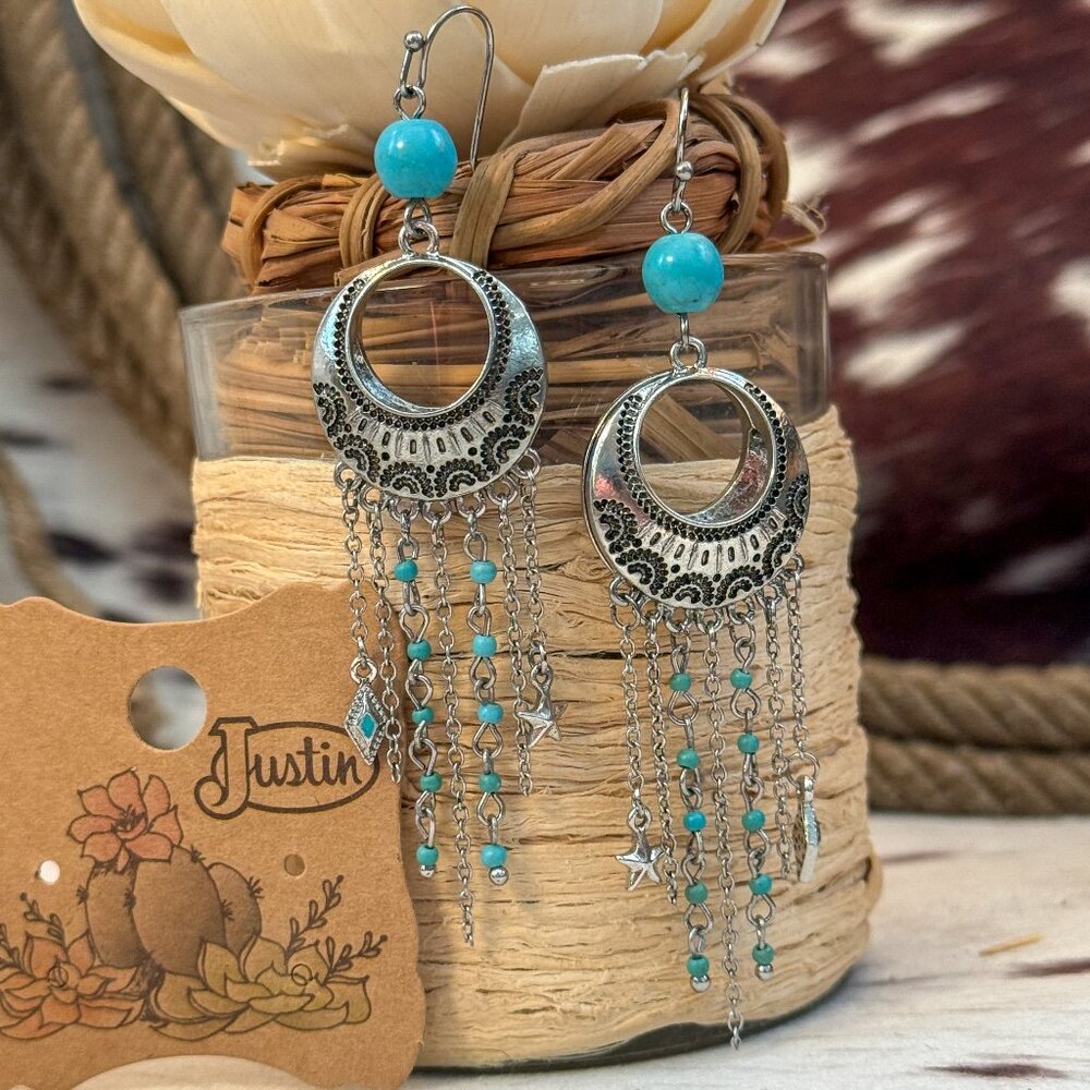 NWT Justin Beaded Fringe Chain Hoop Charm Earrings